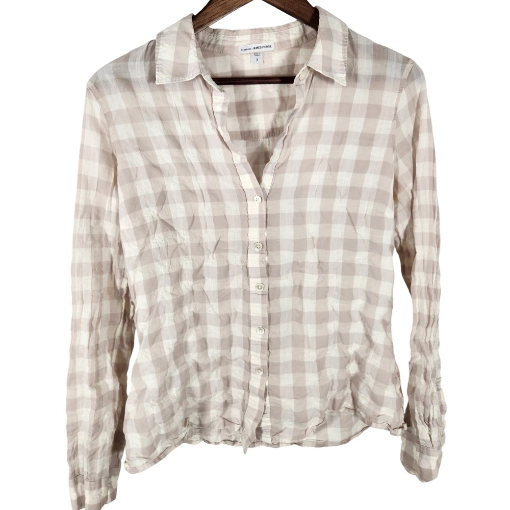 Standard James Perse Womens Beige Cream Plaid Soft Scrunchy Button Up Shirt 3